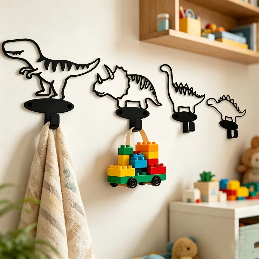 CIFBUY Dinosaur Iron Wall Hooks, Heavy Duty Metal Coat Hanger & Belt Toy Organizer, Black Modern Minimalist Decor for Kids Room