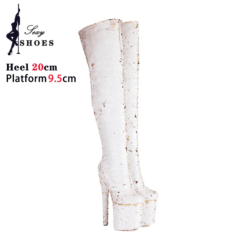 Fetish Long Boots Women Platform Over The Knee Boots  Bling Shiny Sequined Stripper Shoes 8 Inch Extreme High Heels Botas Mujer