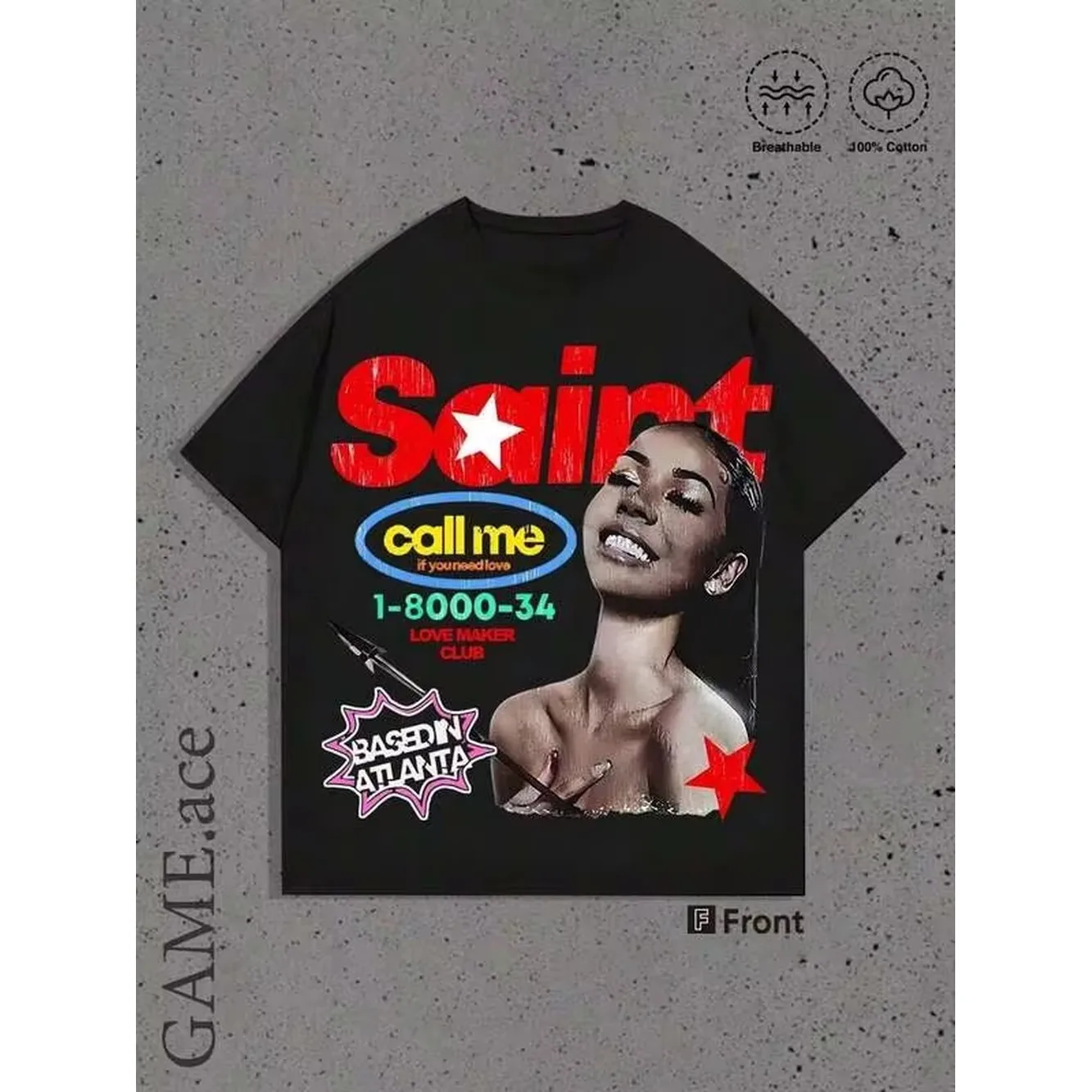 Camiseta gráfica Saint If You Need Love Call Me Love Maker Club, 100% algodón, color beige, absorbente del sudor, transpirable, ropa informal estilo hip-hop, tops deportivos informales, regalo para fiestas navideñas y uso diario