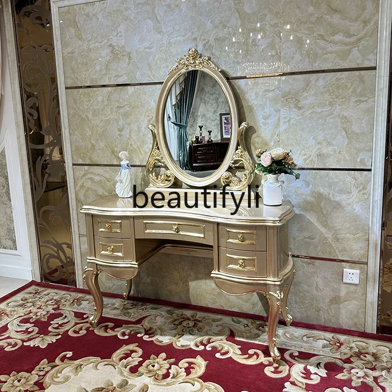 

French solid wood luxury dressing table stool, European simple dressing table, bedroom carved curved combination dressing table2
