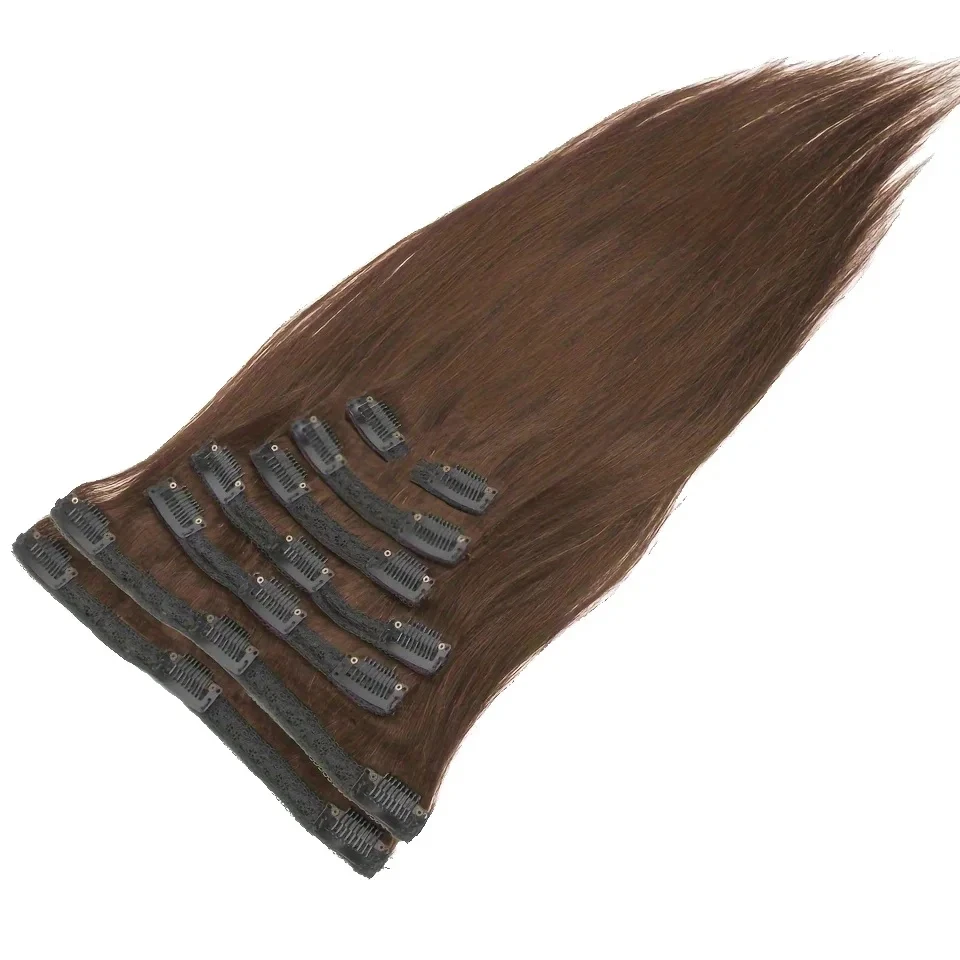 Extensiones de cabello humano brasileño liso para mujer, Clips de pelo Remy marrón Chocolate, trama de piel, 120G, n. ° 2, n. ° 4, 8 unids/set