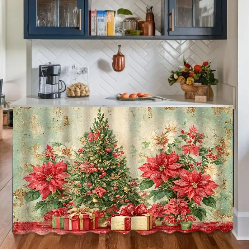 VIKAMA Christmas Shelf Curtain Vintage Xmas Tree Poinsettia Gift Print Cabinet Cover For Kitchen Cupboard Bedroom Decor