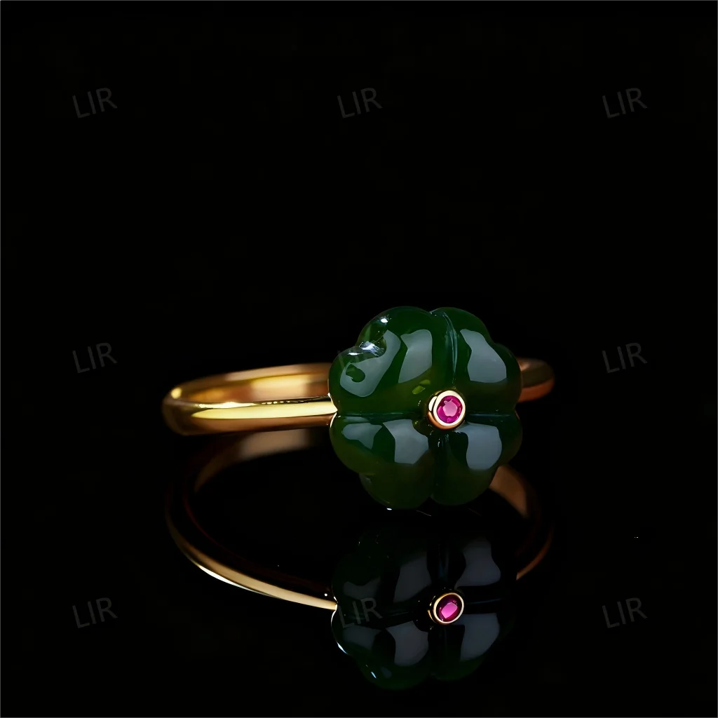 خاتم مفتوح من LIR للسيدات من اليشم الهيتي الطبيعي Lucky Clover |   مجوهرات راقية مع شهادة اليشم