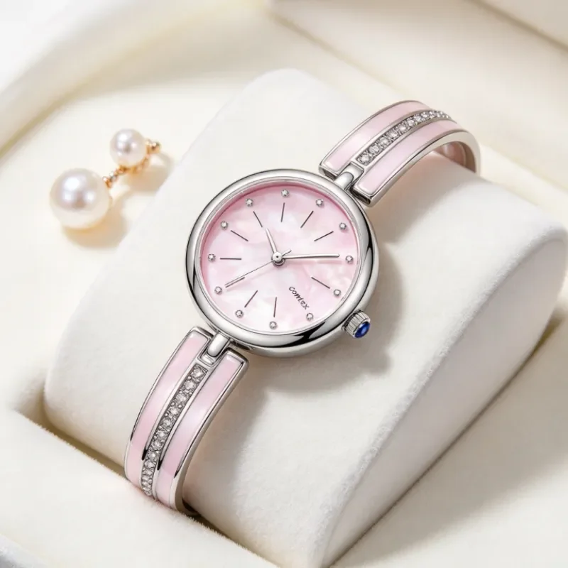 comlorvei Women's Quartz Wrist Watch, Slim Enamel Bangle Watch with Rhinestone Inlay, Round Shell Dial Fashion Ladies Watch