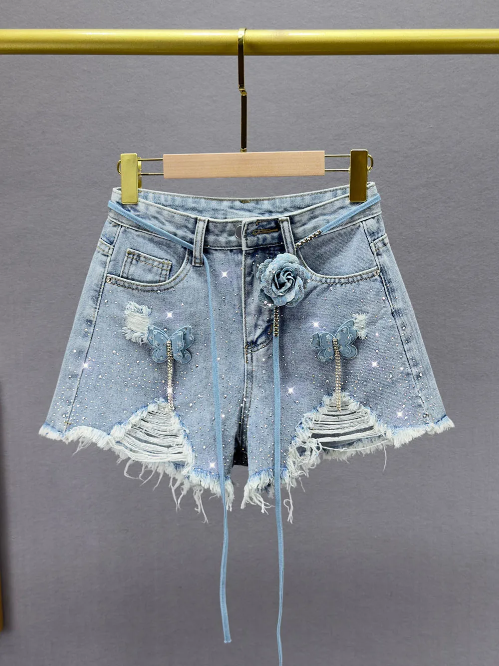 Bright Diamond Flower Design Women's Jeans Summer High Waist Loose Version Casual Style Trendy Streetwear Hot Pants For Women