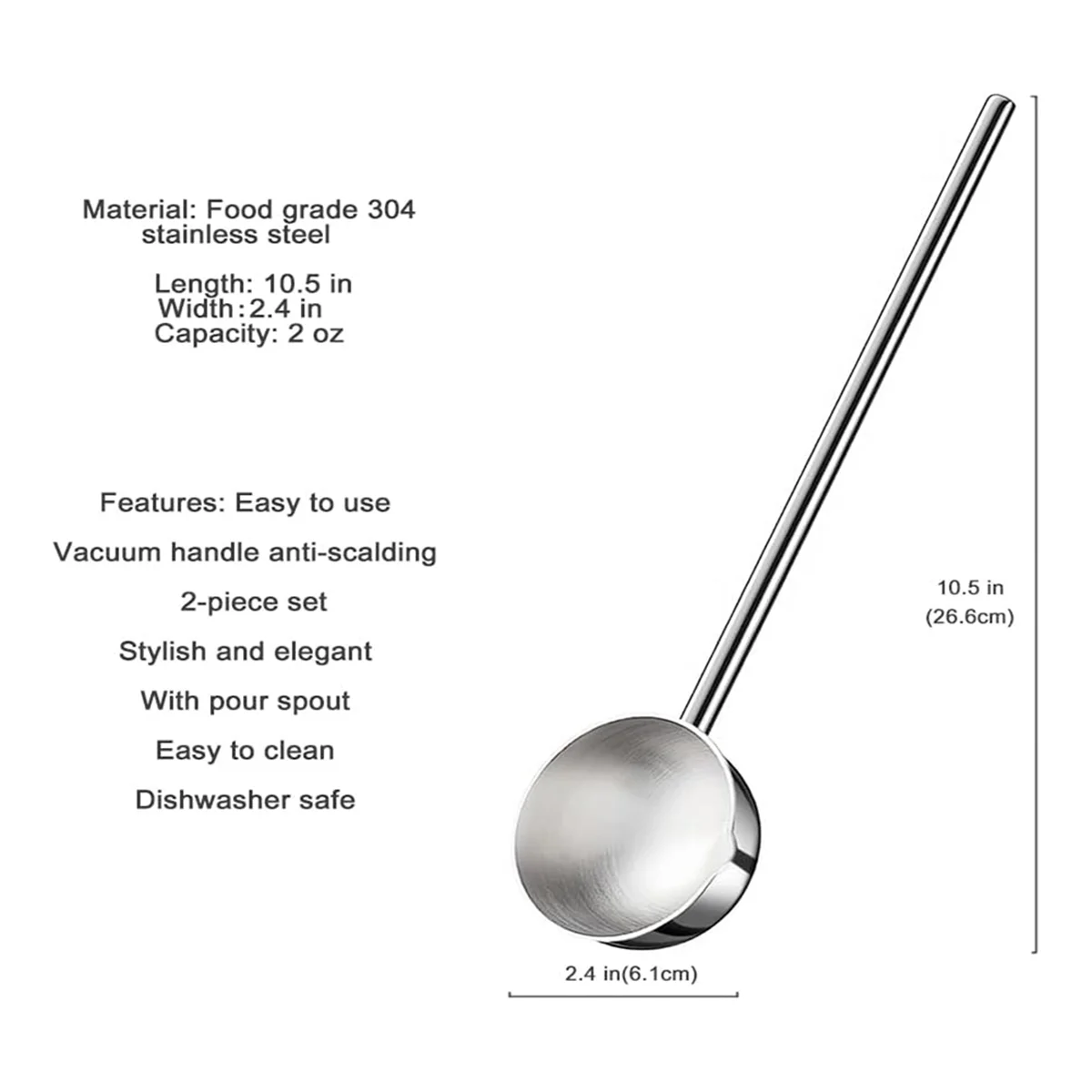 A98U Small Soup Ladle Stainless Steel Metal Deep Spoon with Pour Spout 2 Oz Long Handle Gravy Ladles Heat-Resistant 10.5 Inch