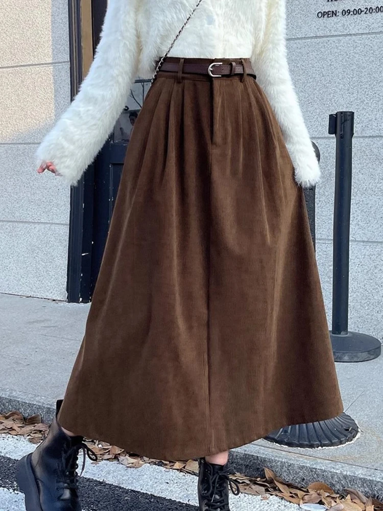 Vintage Belt Corduroy Women Mid Skirts Soft Comfortable High Waist Pleated A Line Skirts Autumn Korean Style Casual Female Skirt