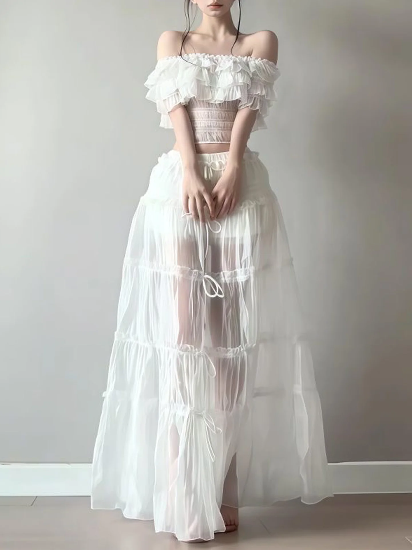 Sexy Half-length See-through Skirt And One-shoulder Top Set Korean Style High-waist A-line Cake Skirt for Casual Daily Wear