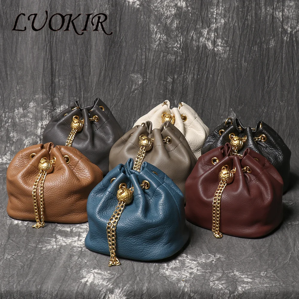 LUOKIR New Metal Drawstring Versatile Women's Handbag Genuine Leather Chain Crossbody Bag Vintage Bucket Bag Mobile Phone Bag