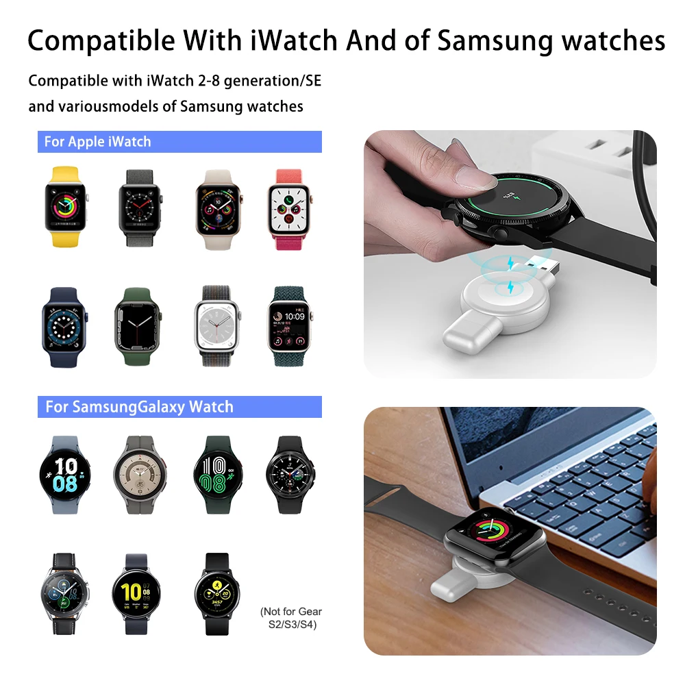 2 in 1 Portable Magnetic Wireless Charger For Apple Watch Serises 9 8 7 6 For Samsung Galaxy Watch 5 6 USB A Type C Fast Charger