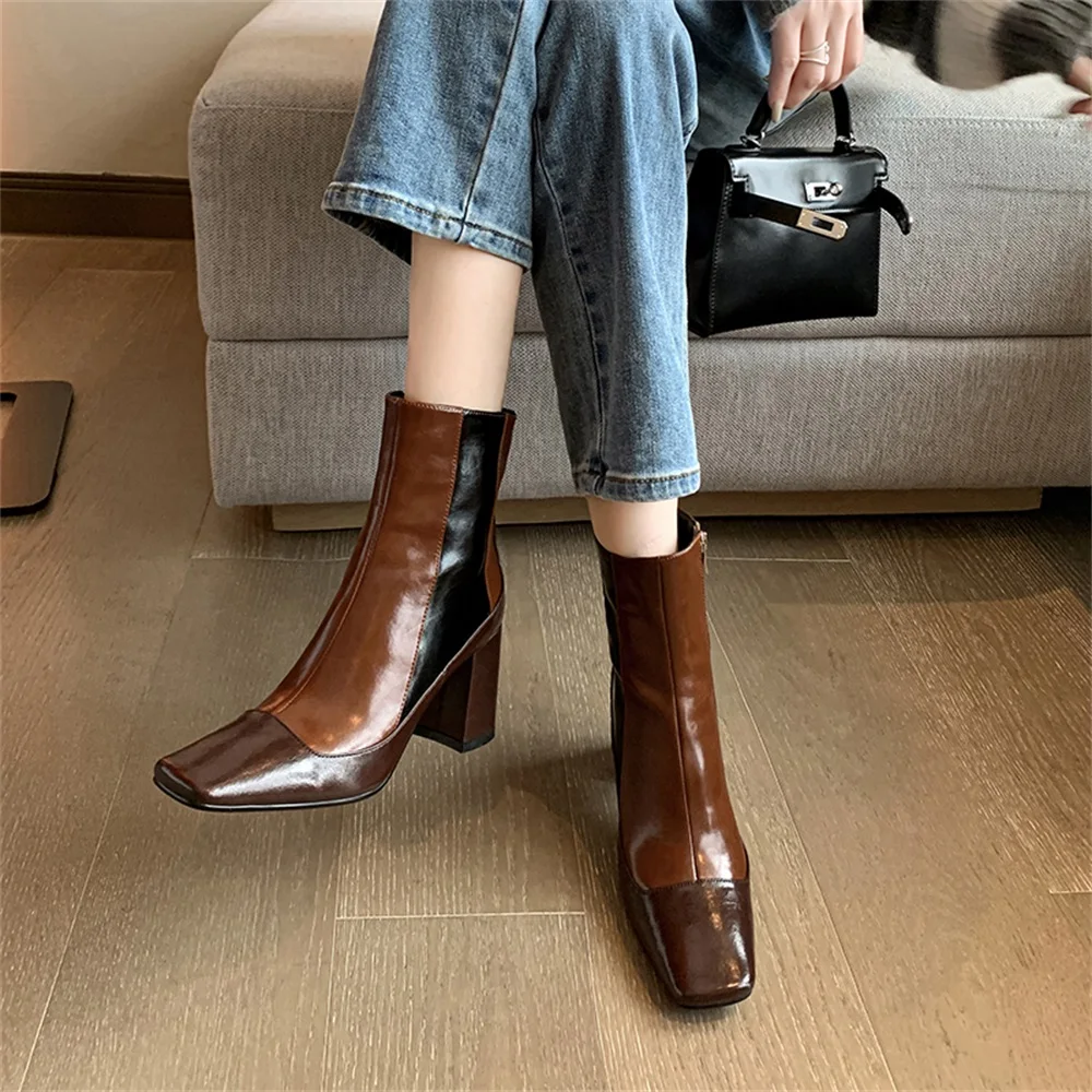 Taoffen Fashion Women Ankle Boots Mixed Color Real Leather Thick High Heel Boots Ladies Square Toe Party Club Stretch Boots 2024