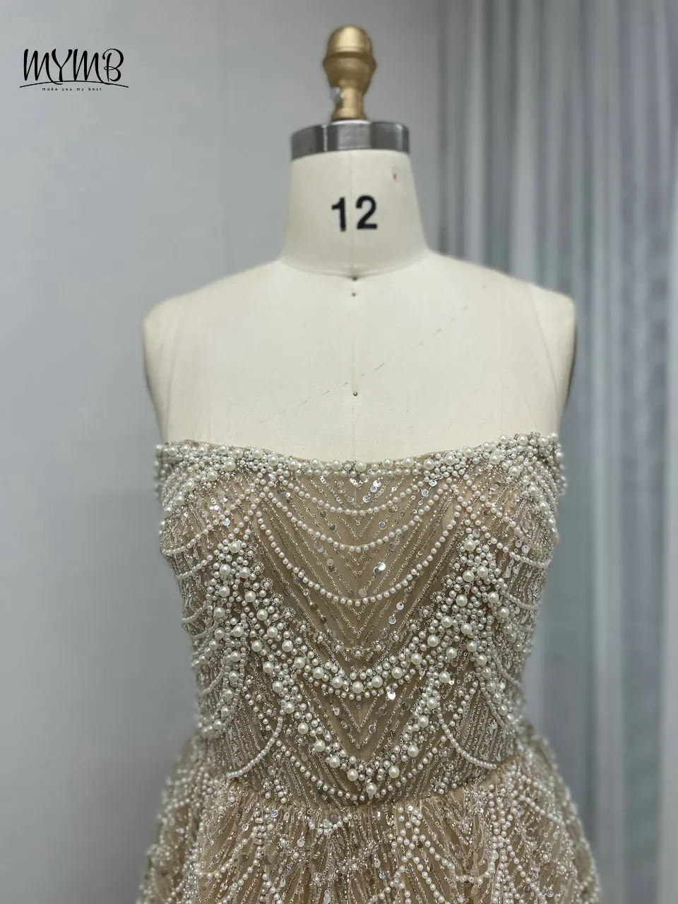 MYMB Champagne Stunning Beaded A-Line Girls Princess Prom Party Gowns Arabic Strapless Lace Up Back Evening Dresses with Gloves