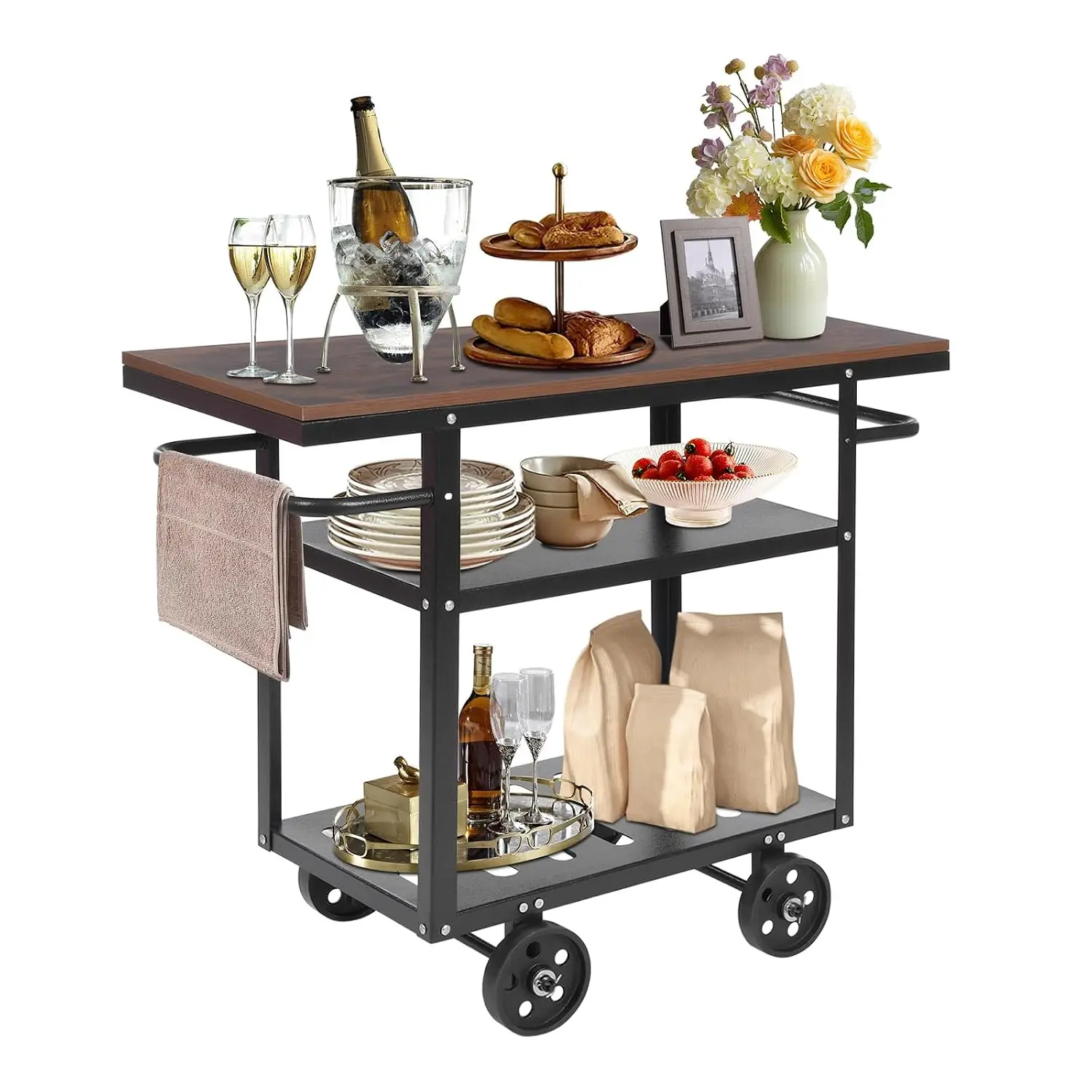 3 Tier Rolling Bar Cart, Industrial Mobile Serving Cart Vintage Bar Kitchen Storage Utility Trolley Coffee Cart Tea