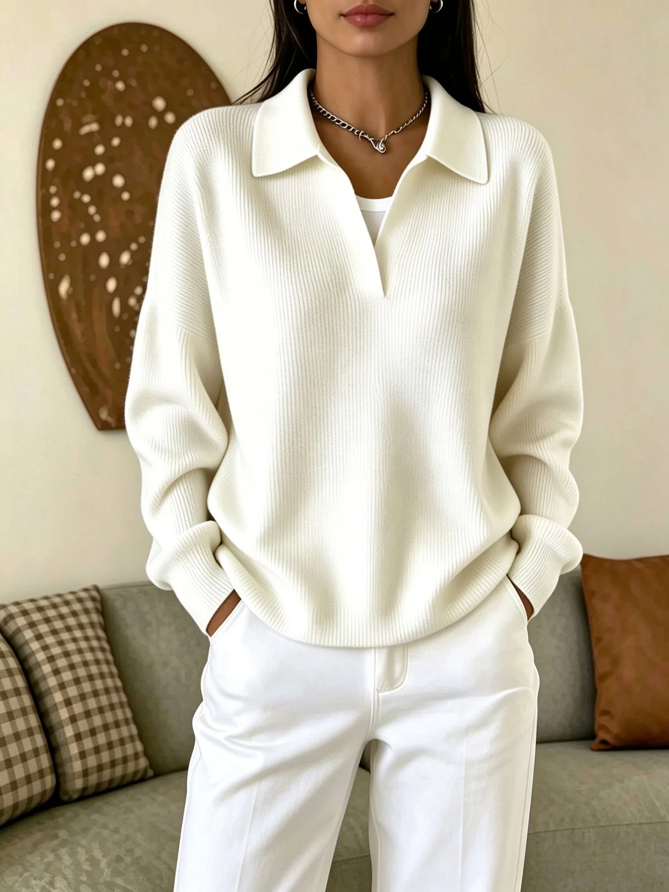 MsChuh Women's Sweaters And Pullovers Lapel V Neck Knit Jumper Long Sleeve Loose Soft Casual Top For Autumn Winter Daily Wear