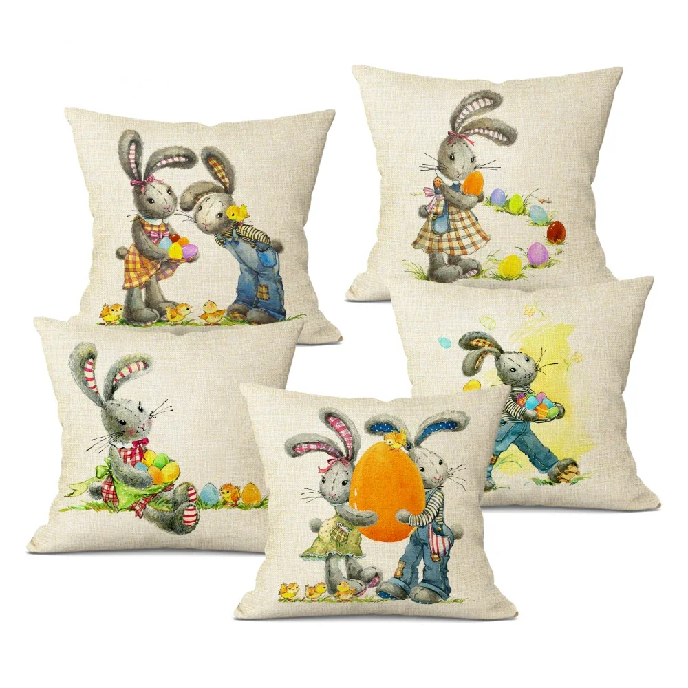 

Happy Easter Cushion Cover Cute Smiling Bunny Rabbit Color Eggs Print Home Decor Pillow Cover for Sofa Bedroom Office