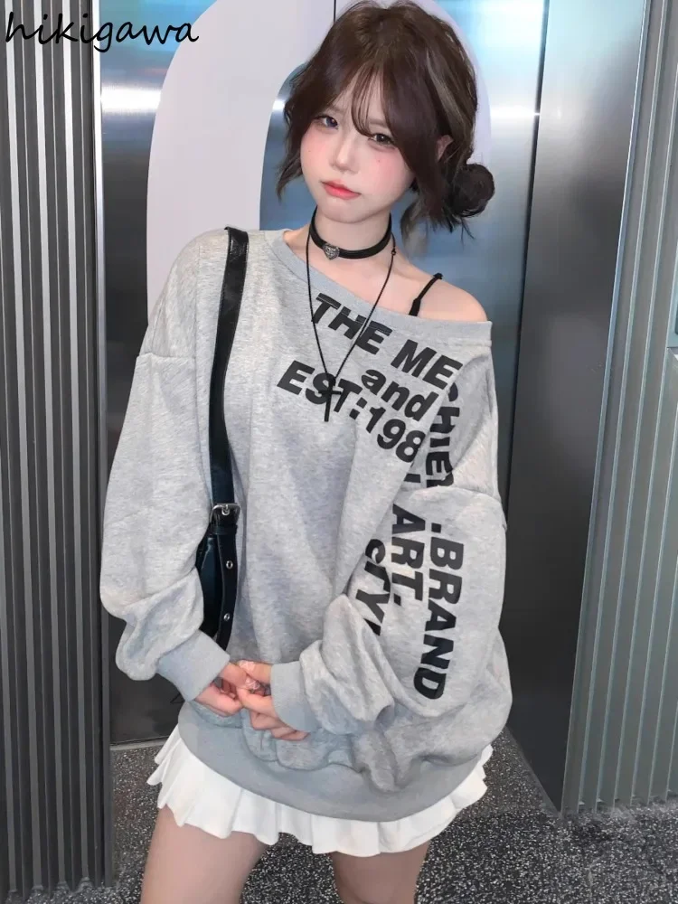 Streetwear Hoodies for Women Oversized Tops 2024 Ropa Mujer Long Sleeve Off Shoulder Sweatshirt Casual Chic Letter Y2k Hoodie