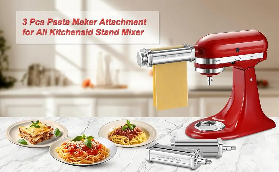 Description Picture 2 of item3Piece Pasta Maker Attachment Set for KitchenAid Mixers,Includes Pasta Sheet Roller, Spaghetti Cutter, and Fettuccine Cutter