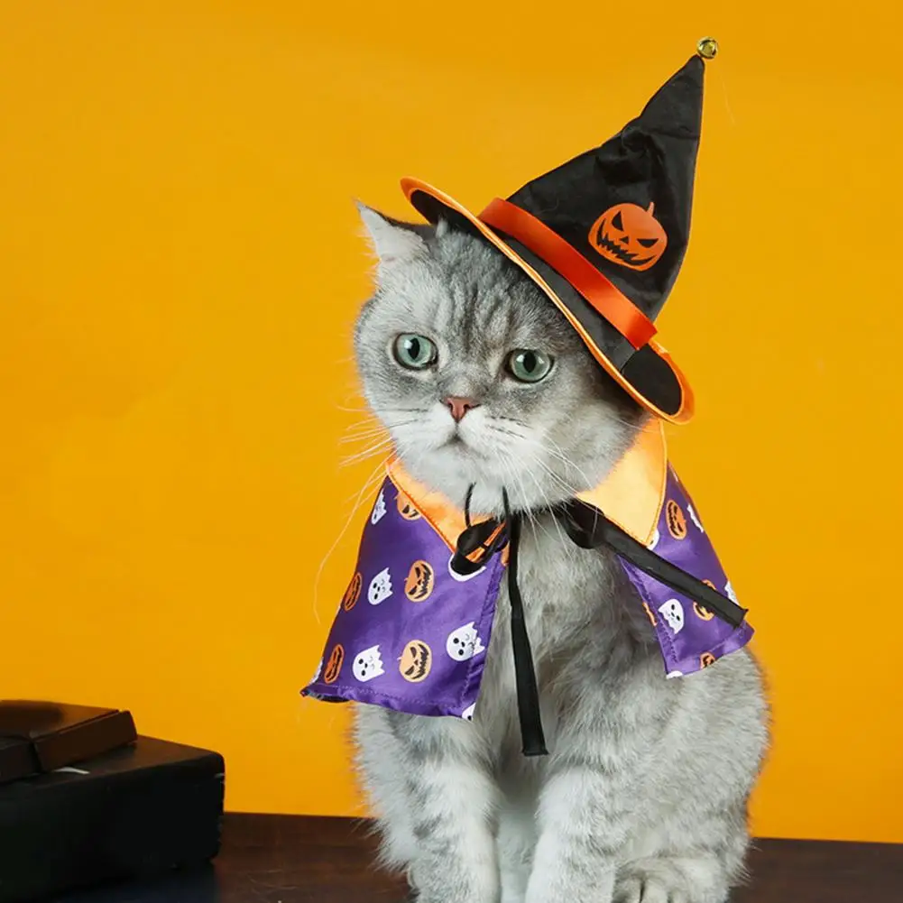 Pet Costume Cat Adjustable Buckle Hat Pumpkin Print Cape Create Atmosphere Cute Pet Transformation Outfit