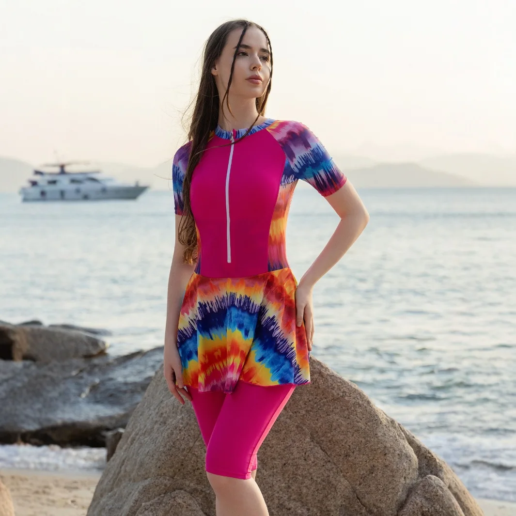 2Pcs Short Sleeve Zipper Swim‑Dress Swimsuit Printed Flare Skirt Knee‑Length Pants UV Protection Conservative Beach Bathing Suit