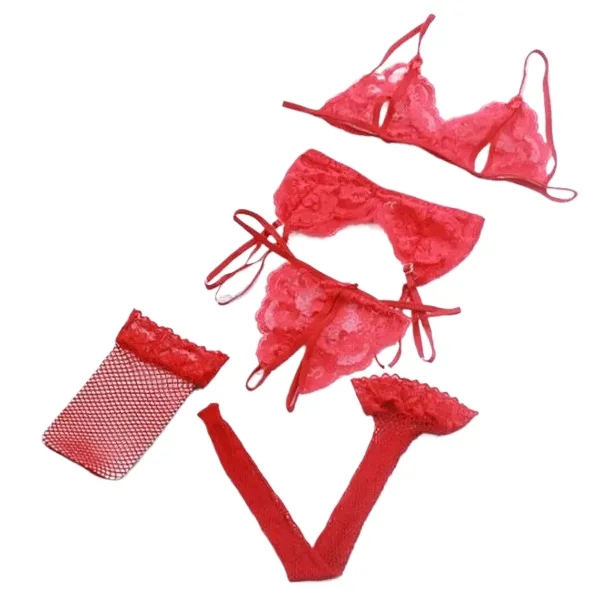 Lace Women Lingerie Set 4 Pcs Sling Open Bra Sexy Wiht Garter Panties Push Up Bra Set  Transparent Underwear Net Stockings view 4