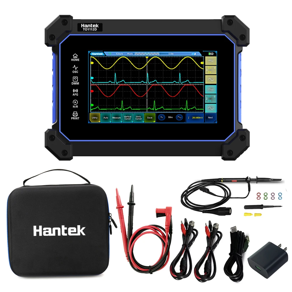 Osciloscopio Portátil con Pantalla Táctil 3 en 1 Hantek TO1112D, Multímetro, Generador de Forma de Onda, 2 Canales, Ancho de Banda de 110Mhz, 2CH+DMM+AFG