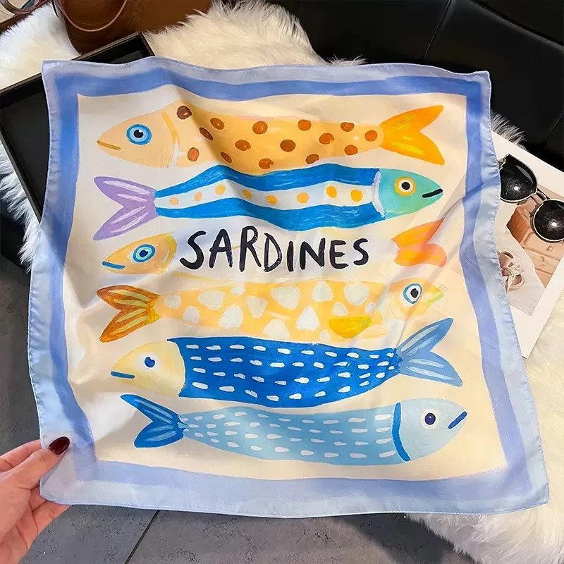 Fashion Fish Pattern Square Silk Head Scarfs Women Elegant Hijab All Seasons Decorate Neck Ties Headscarf Foulard Soft Bandana