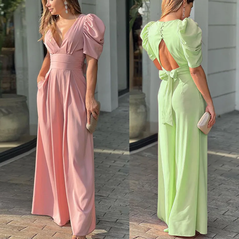 

Casual Jumpsuit Women Solid Short Sleeves Tunic Long Jumpsuits Summer Sexy V Neck Wide Leg Pants Female Slim Overalls Clothes