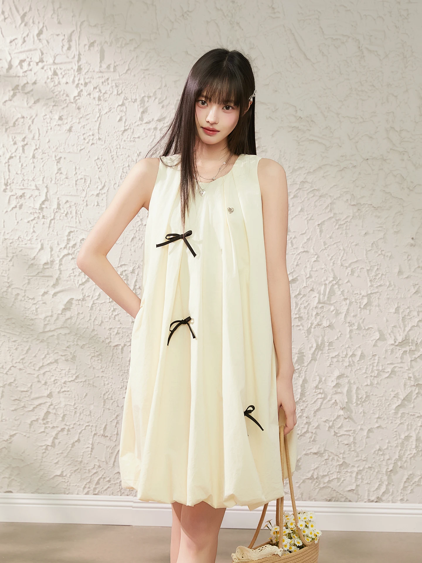 

King Prince Sleeveless Vest Yellow Knot Flower Bud Skirt Dress Women's Design Sense Cake Skirt Cotton Sweet Style