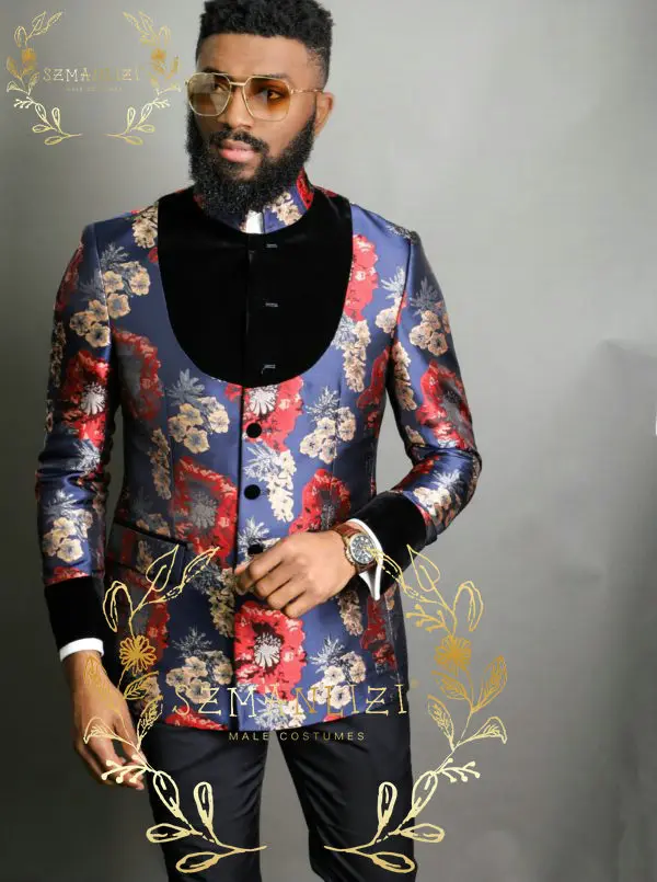 Afrikanische Design Stehkragen Slim Fit Männer Anzüge Für Hochzeit Bräutigam Smoking Floral Anzüge Trauzeuge Prom Party Blazer Hose