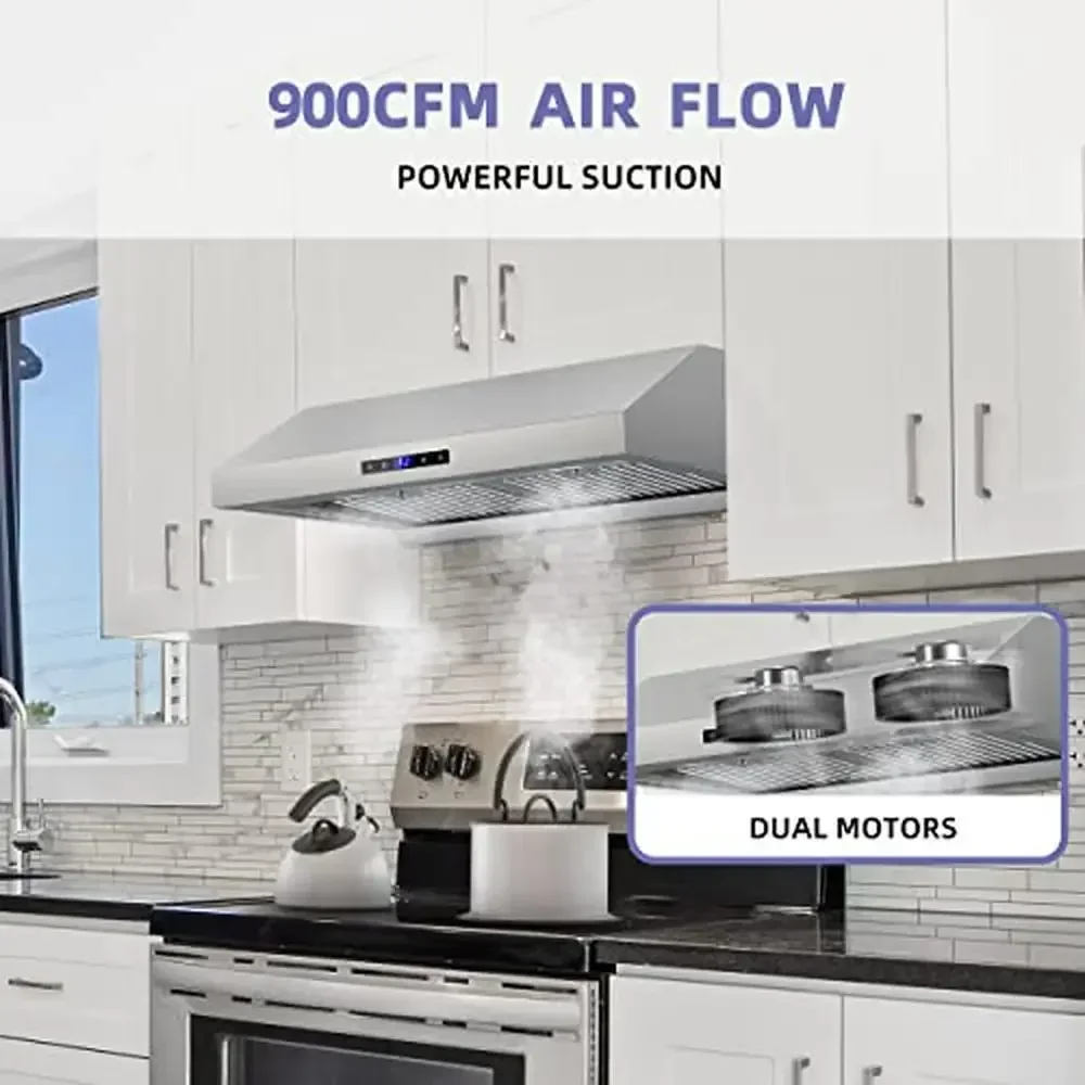 30 بوصة محرك مزدوج الفولاذ المقاوم للصدأ شفاط المطبخ 900 CFM تنفيس هود شاشة تعمل باللمس تحت خزانة مروحة العادم أجهزة المطبخ