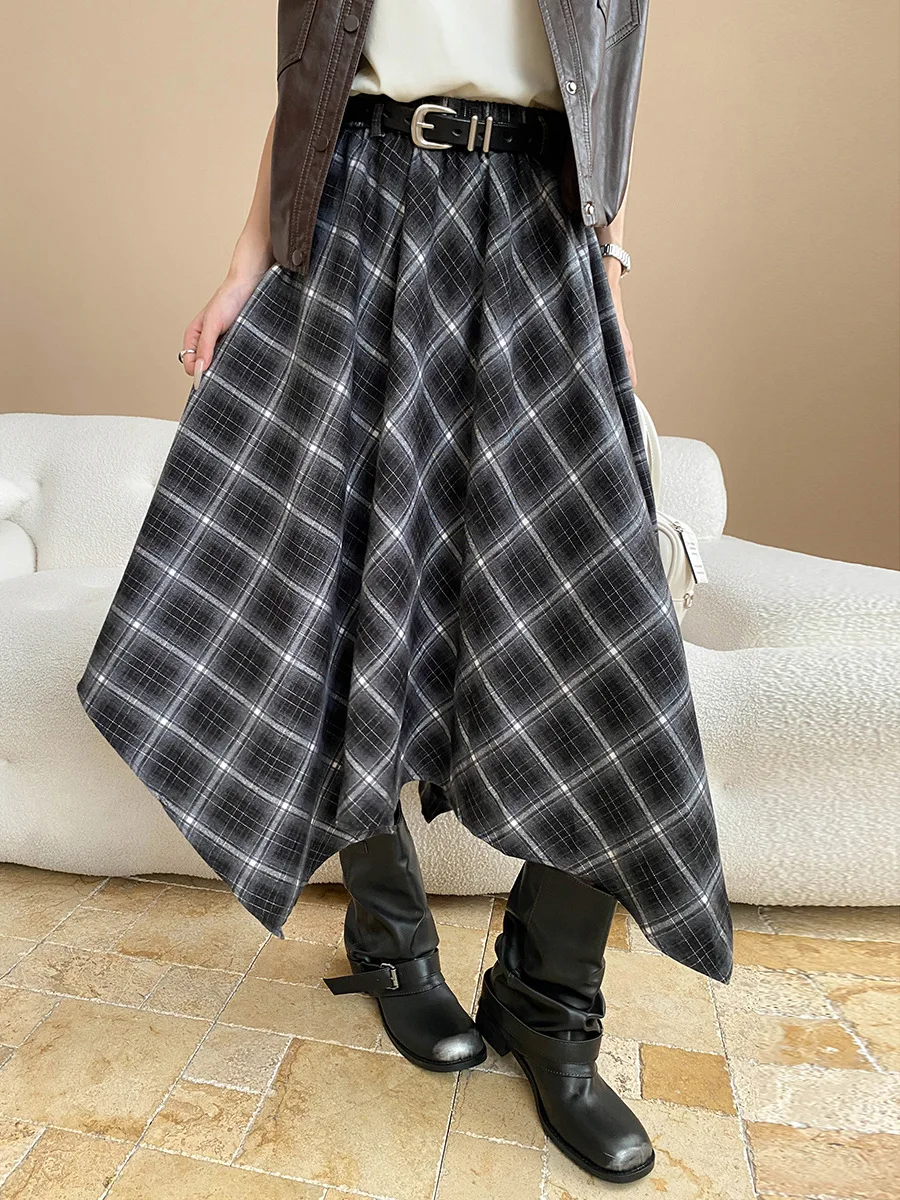 

2025 Fashion Irregular Contrast Plaid A-line Drape Women's Skirt