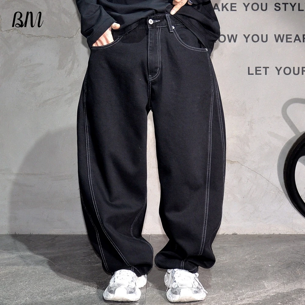 

Мужские черные мешковатые джинсы, тяжелые прямые брюки, корейская уличная одежда, джинсовые брюки большого размера, модные брюки в стиле хип-хоп в комплекте