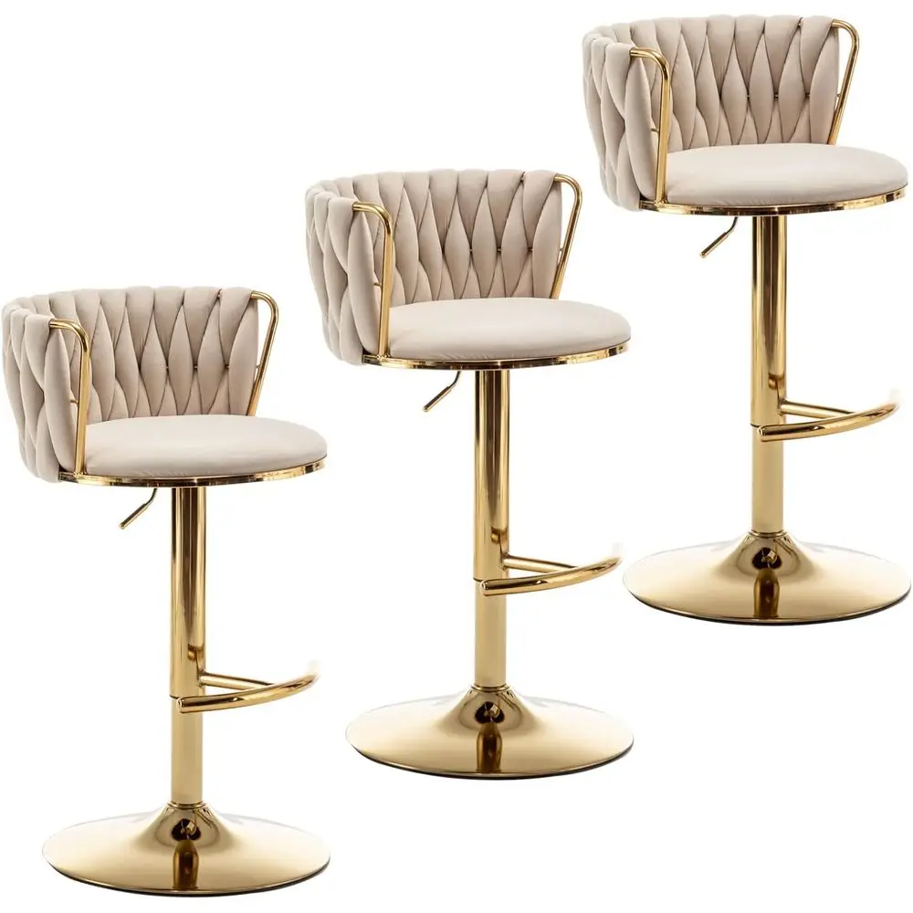 Set of 3 Beige Velvet Swivel Bar Stools Adjustable Counter Height with Backrest For Kitchen Island Pub