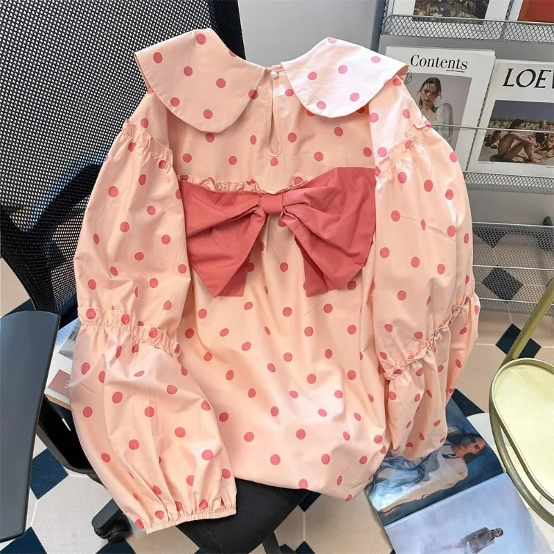 

Japanese Sweet Peter Pan Collar Bow Blouses Fashion All-match Wave Point Print Pink Shirt Women 2025 New Long Sleeve Tops Mujer
