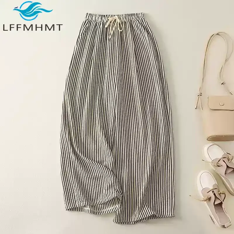 

Japan Style Lazy Feel Stripe Pants for Women Spring Summer Fashion Elastic Waist Wide Leg Loose Casual Streetwear Female Trouser