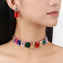2024 New Colorful Square Glass Crystal Choker Necklace Earrings Women Wedding Bridal Jewelry Sets Indian Statement Necklace