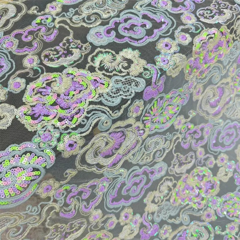 2 Yds/lot 130cm Wide Pink Purple Floral Embroidery Sequin Lace Fabric Mesh Bridal Wedding Dress Gown Embroidered Material F088 - view 6