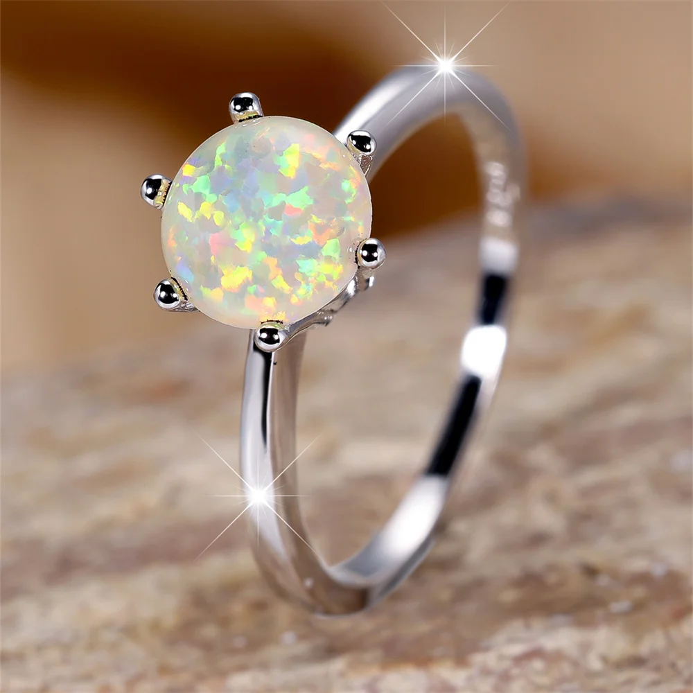 Six Claw Round Stone White Fire Opal Rings For Women Fashion Silver Color Wedding Bands Birthstone Jewelry Christmas Gifts