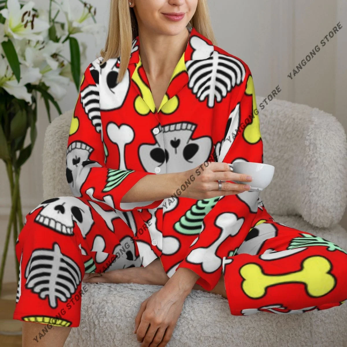 Spring and Autumn Pajama Set Women's Long Sleeve Pants Two Piece Skull Cartoon Pattern Home Furnishing Set