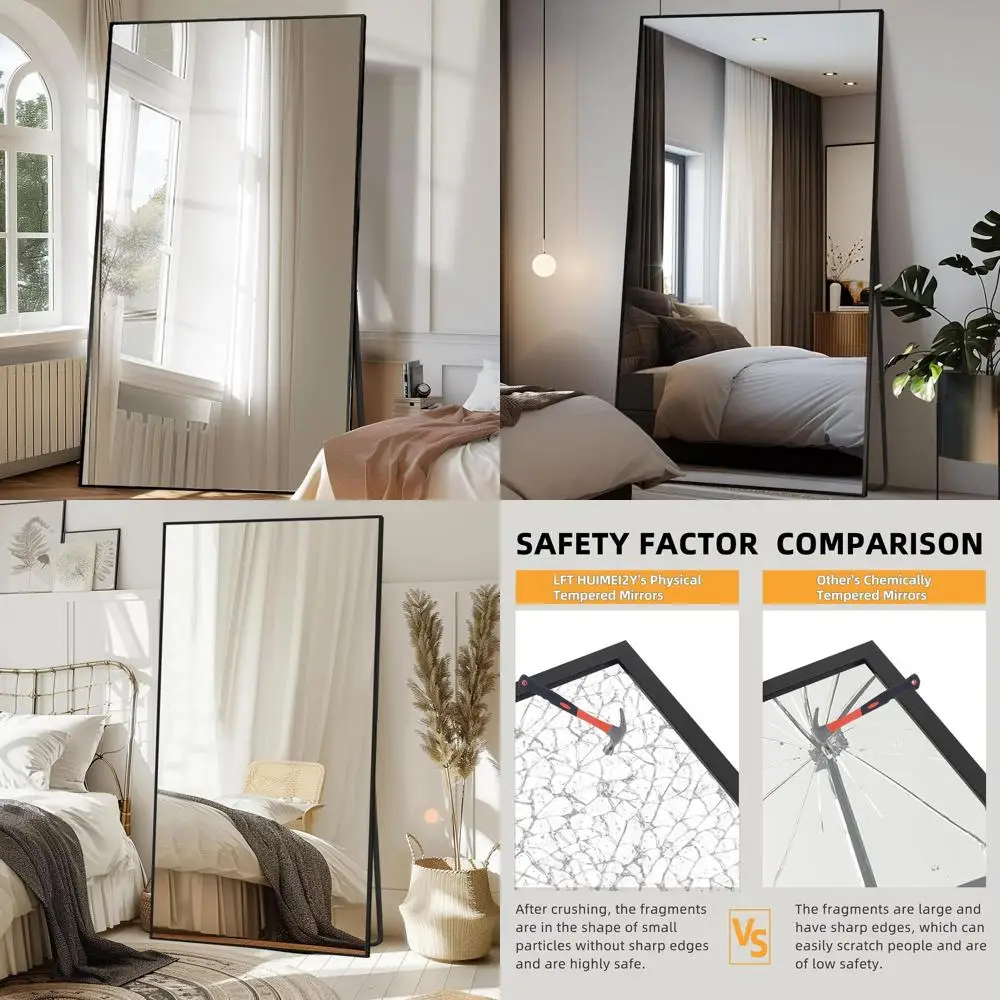 

76.4x37 Large Black Tempered Glass Floor Mirror with Stand, Ideal for Full Body Viewing in Home Decor, Living Room, or Bedroom