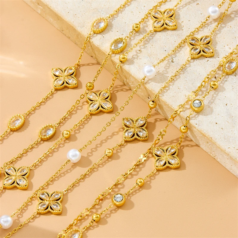 XIYANIKE 316L Stainless Steel Retro Double-Layer Hand Chain Zircon 4-Leaf Flower Bracelet For Women Exquisite Party Jewelry Gift
