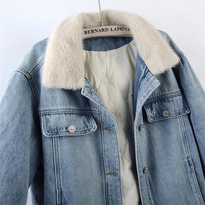 شتاء جديد فو الفراء خفيفة الوزن أسفل بطانة المرأة الضوء الأزرق قصيرة الدنيم سترة عادية التلبيب كم طويل أنثى كاوبوي ملابس خارجية #3