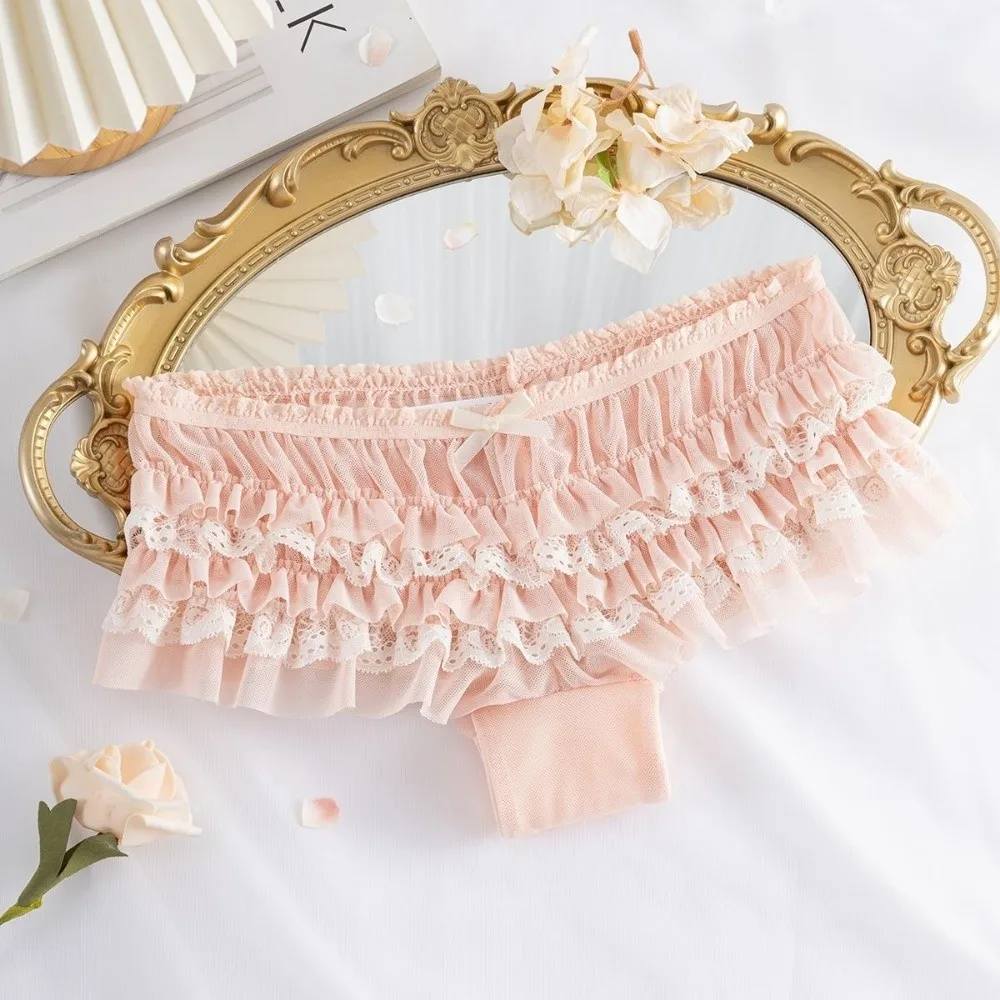 Romantic Ruffle Lace Panties Bow Mesh Low Waist Women's Underwear Layered Cake Design Sweet Lace Briefs Gift