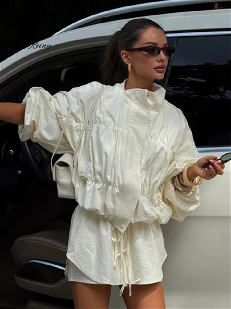 SINGREINY Pleated Turtleneck Windproof Drawstring Jacket Shirring Oversized 2026 Autumn Outwear Women Causal Versatile Lady Coat