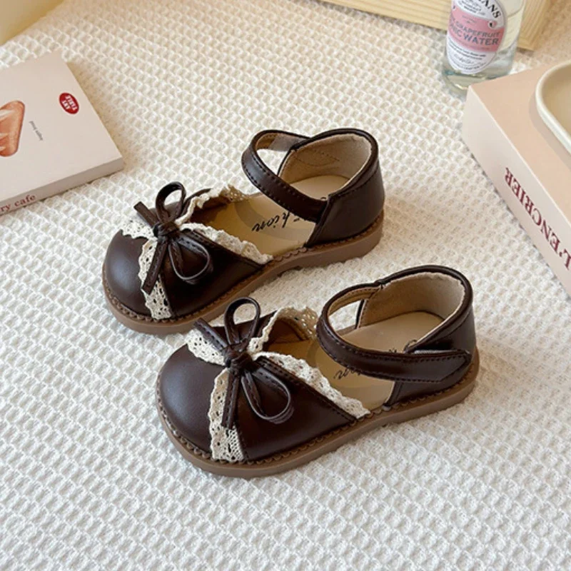 

2025 Children Sandals for Girls Summer New Fashion Korean Soft Non-slip Versatile Chic French Style Lace Princess Leather Shoes