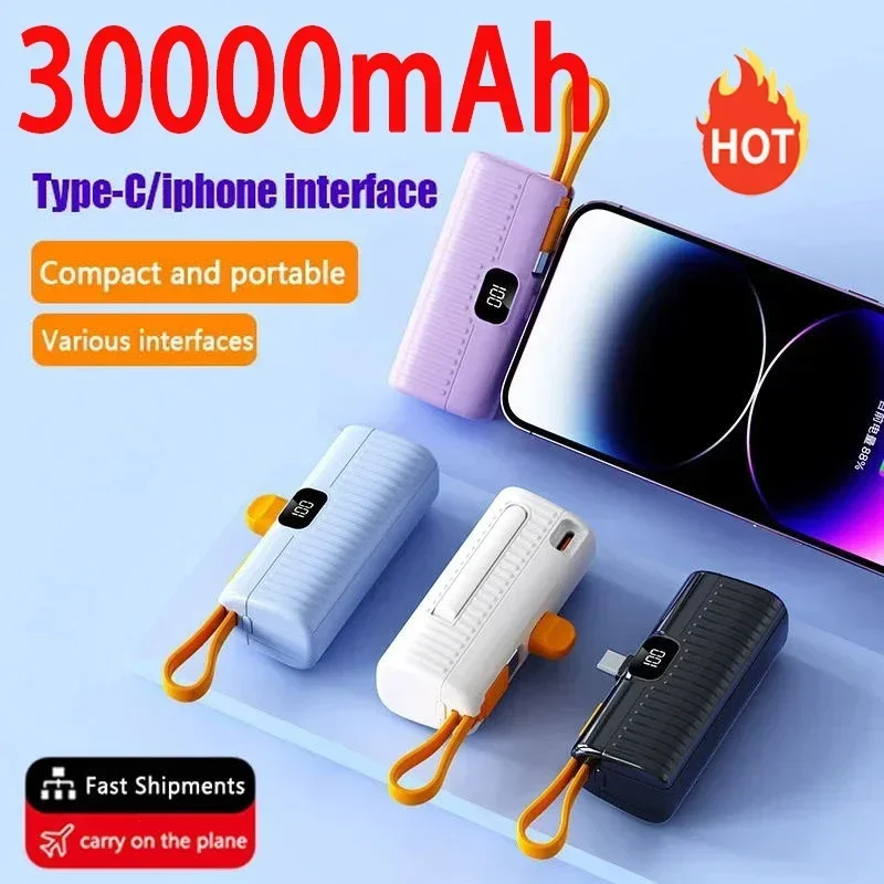 Mini Power Bank avec câble intégré et affichage numérique, batterie externe portable, chargeur pour iPhone, Samsung, Xiaomi, 30000mAh
