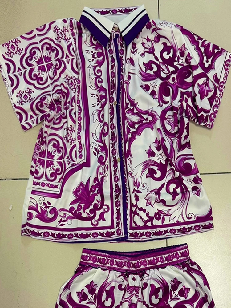 Retro single-breasted short-sleeved shirt summer new two-piece suit+elastic waist wide-leg shorts casual printed women's suit - Detail 1
