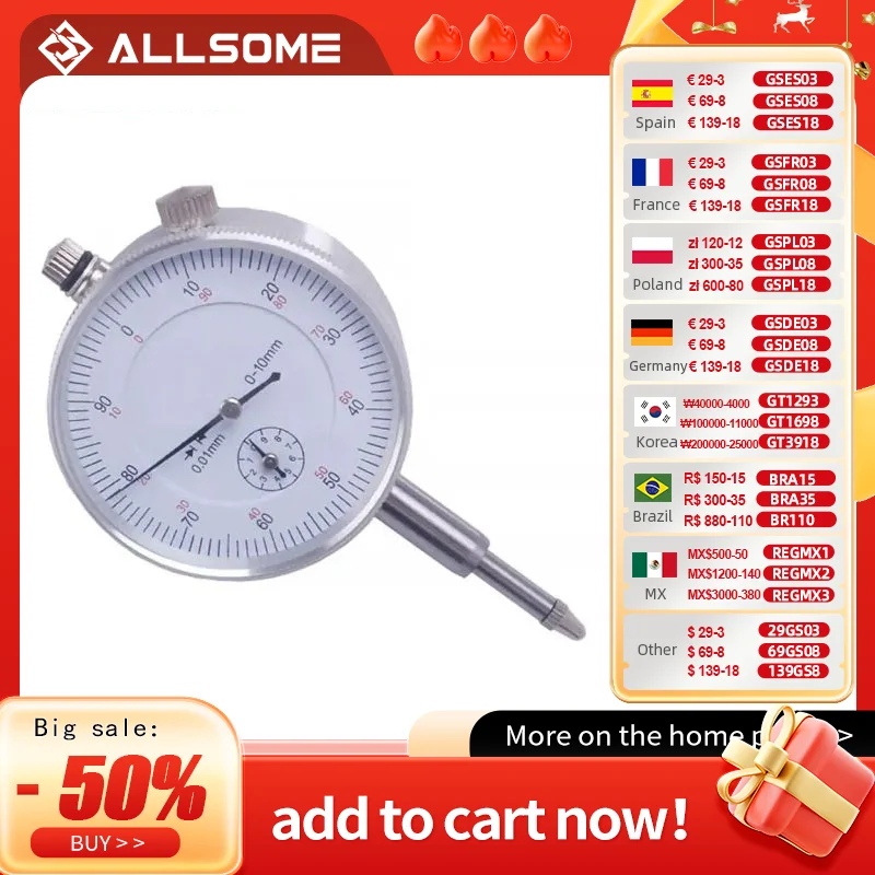 Allsome Precision 0.01mm Dial Indicator Gauge 0-10mm Meter Precise Indicator Gauge Mesure Instrument Tool dial gauge HT1605