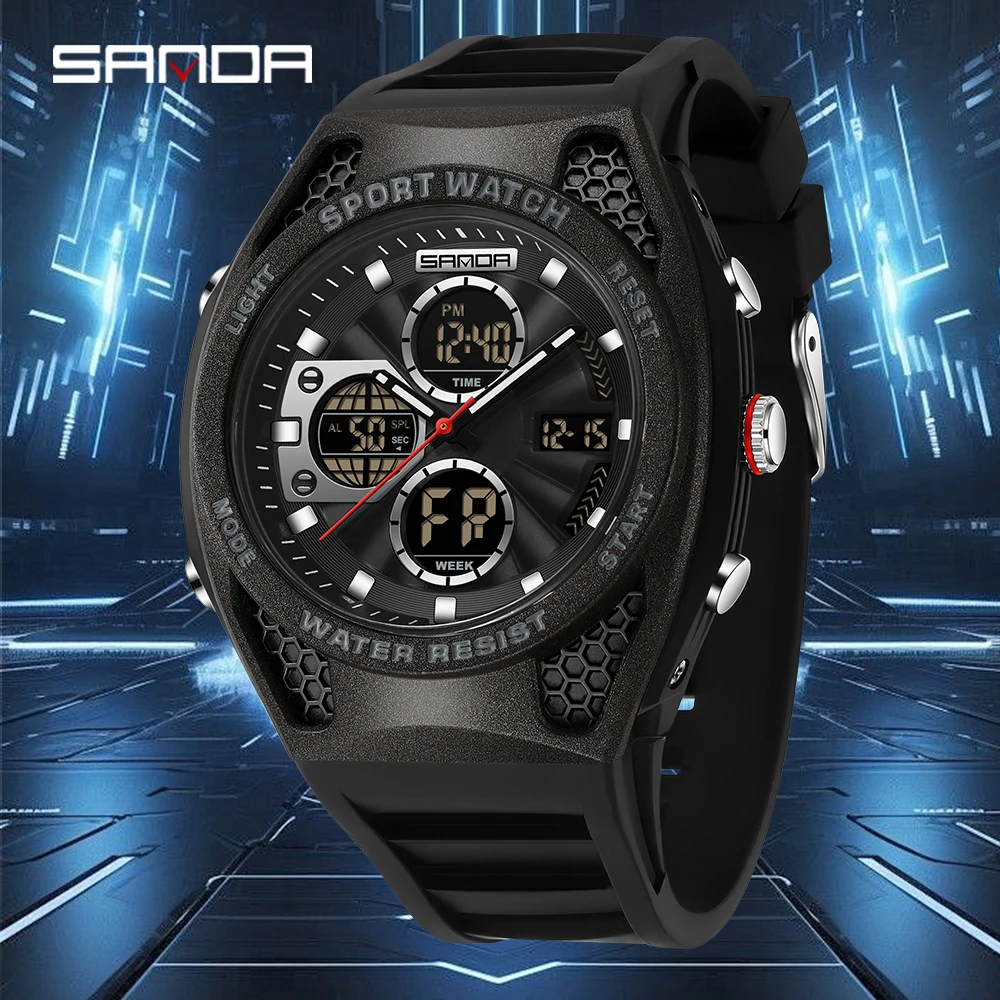 Sanda 3384 Top Men's Sports Electronic Quartz Watch Waterproof Timing Multi functional Military Men's Watch