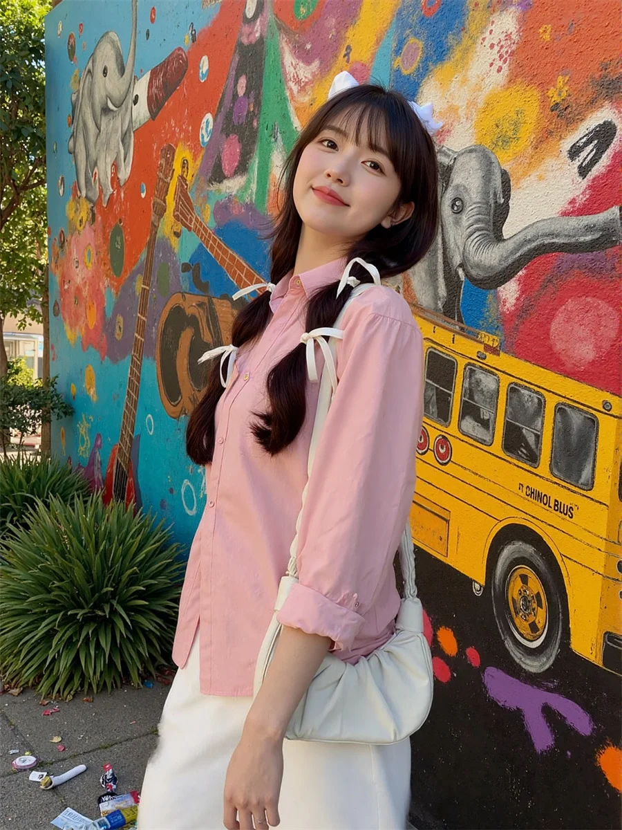 

Long Sleeve Women Outerwear Shirts Shirring Ulzzang Harajuku Japanese Style Kawaii Preppy College Student Cute Sweet Simple